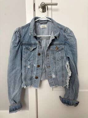 Mono B Light Blue Distressed Cropped Denim Jacket